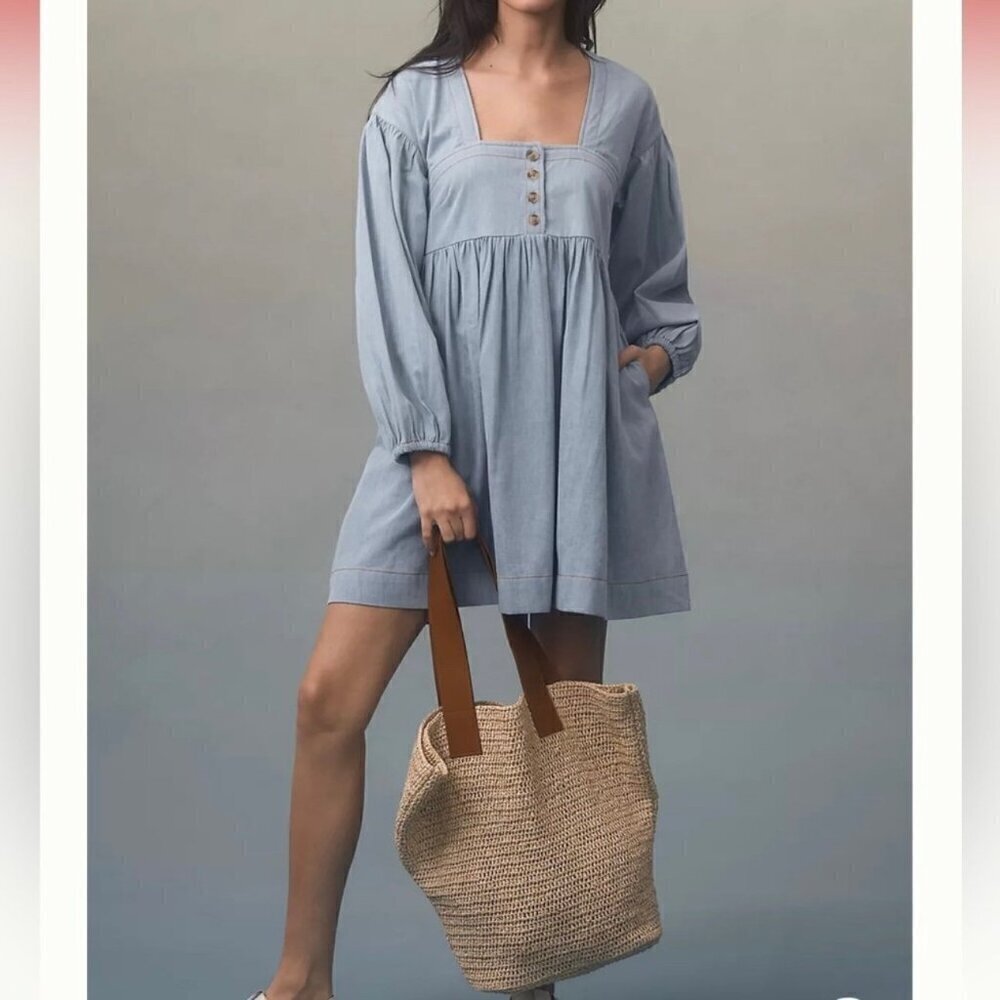 Anthropologie Long-Sleeve Square-Neck Denim Babydoll Mini Dress M